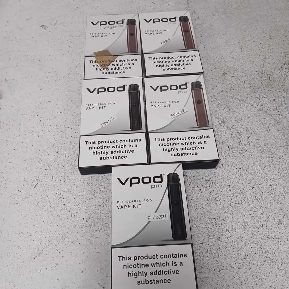 BOX OF APPROXIMATELY 35 ASSORTED E-CIGARETTES AND COMPONENTS TO INCLUDE:  VPOD PRO DEVICE KITS 
