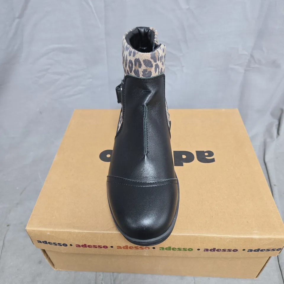 ADESSO BLACK/ANIMAL PRINT ANKLE BOOT SIZE 39 BOXED