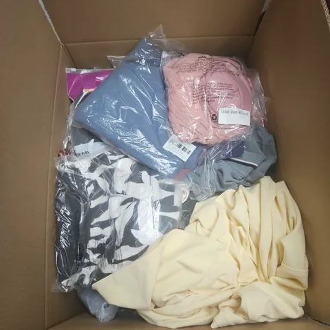 BOX OF APPROXIMATELY 25 ASSORTED CLOTHING ITEMS IN VARIOUS STYLES , COLOURS AND SIZES 