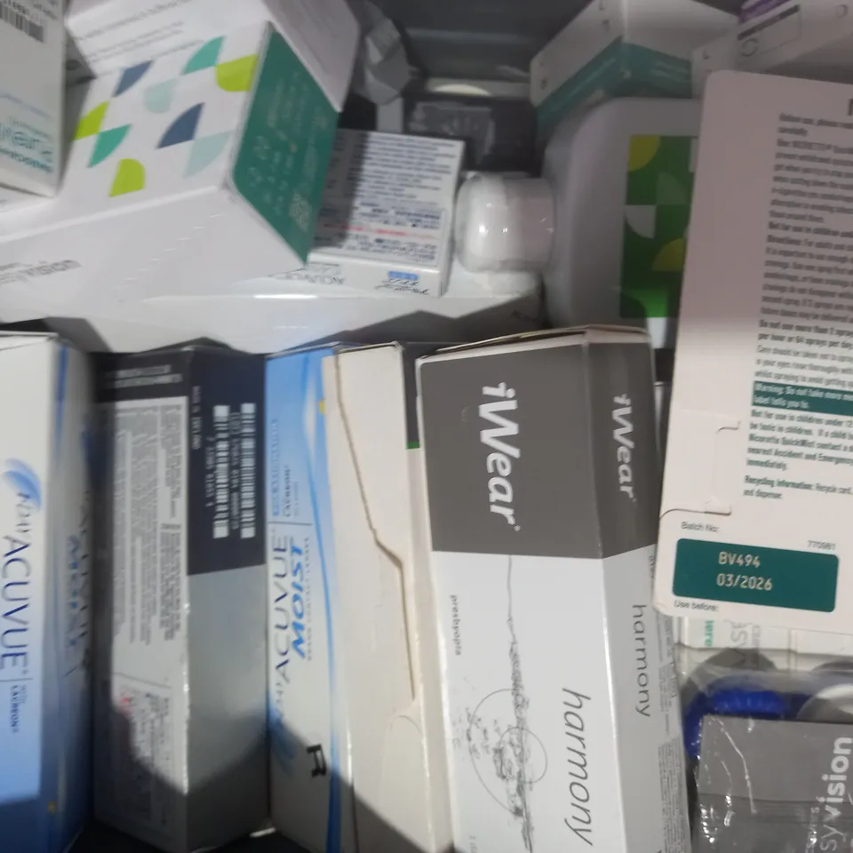 APPROXIMATELY 20 ASSORTED HOUSEHOLD ITEMS TO INCLUDE EASY VISION CONTACT LENSES, PRECISION 1 CONTACT LENSES, ETC