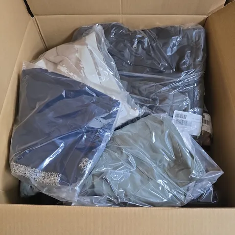 BOX OF APPROXIMATELY 20 ASSORTED CLOTHING ITEMS IN VARIOUS STYLES , COLOURS AND SIZES