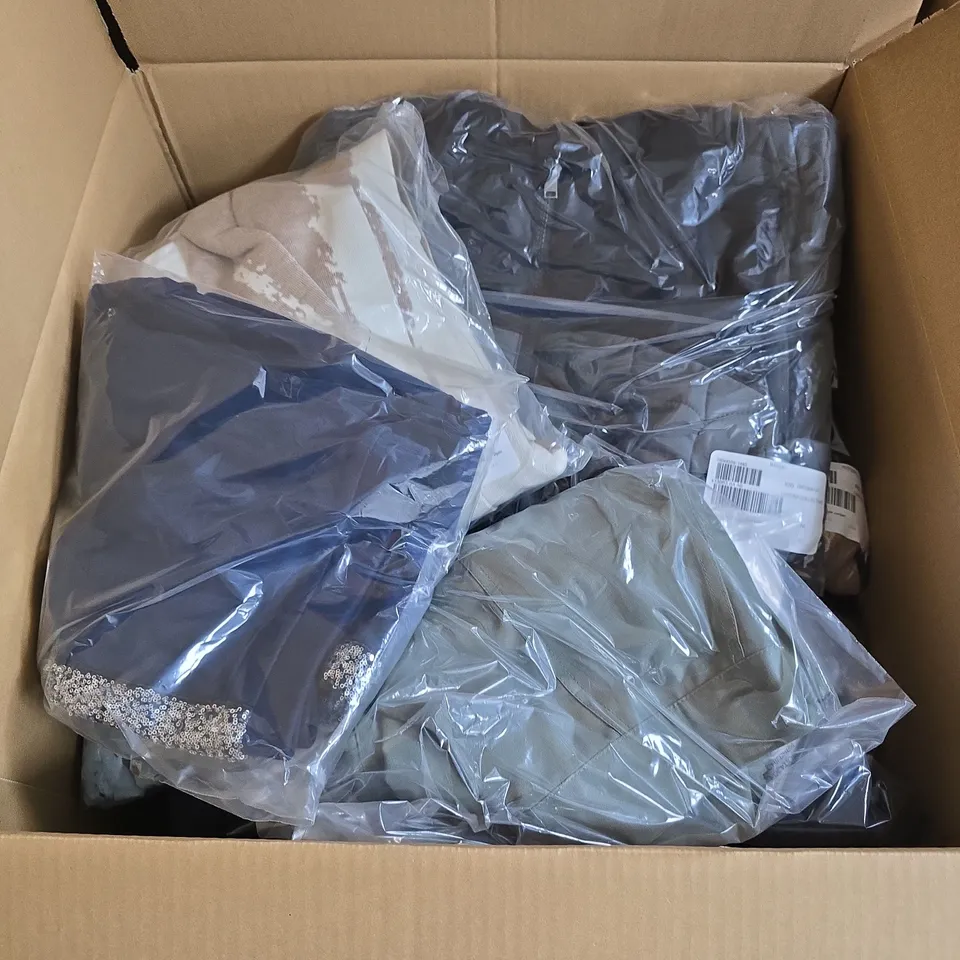 BOX OF APPROXIMATELY 20 ASSORTED CLOTHING ITEMS IN VARIOUS STYLES , COLOURS AND SIZES