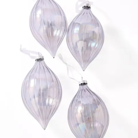 SET OF 4 RIBBED GLASS TEARDROP CHRISTMAS TREE BAUBLES