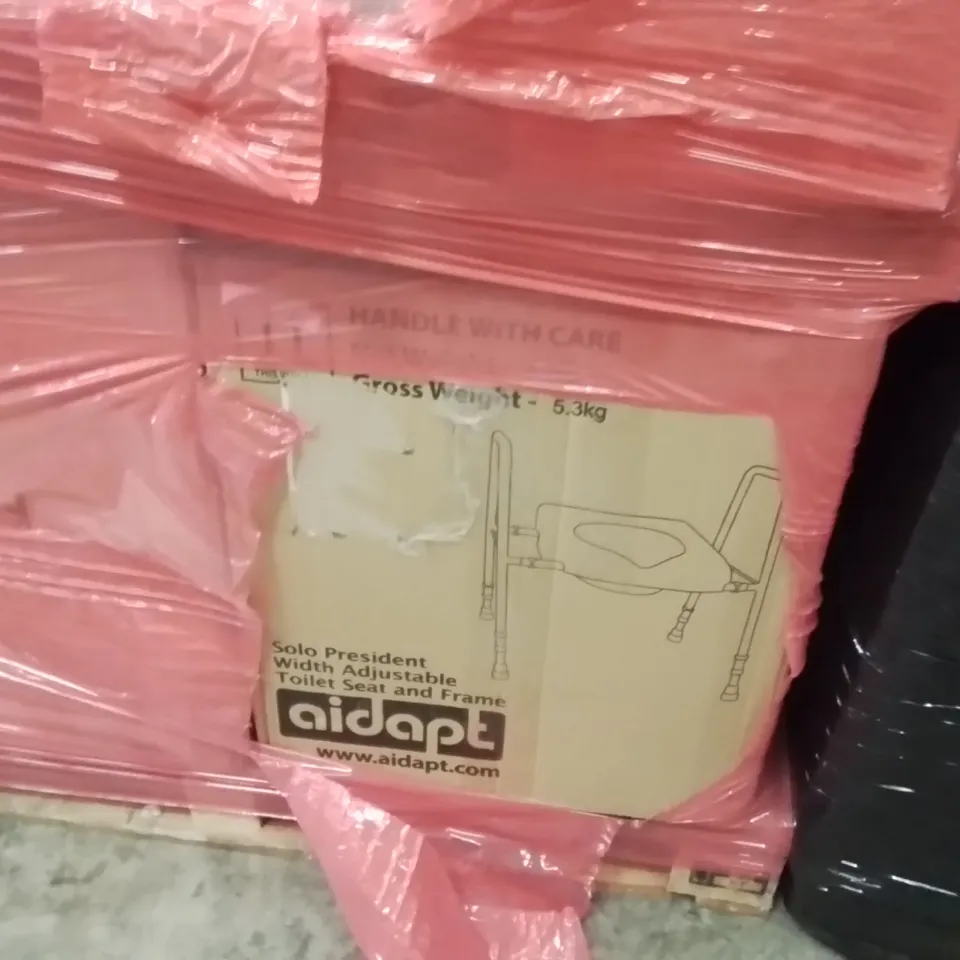 PALLET OF ASSORTED ITEMS INCLUDING: HYSURE DEHUMIDIFIER, STUFFED ANIMAL STORAGE, KICK 'N' ROLL SCOOTER, LED CEILING LAMP, TOILET SEAT AND FRAME ECT