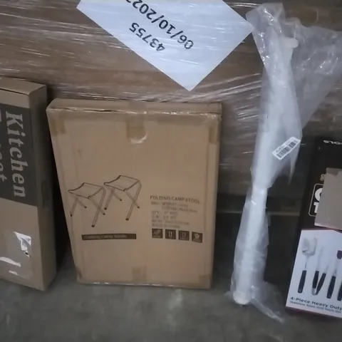 PALLET OF ASSORTED ITEMS INCLUDING KITCHEN FAUCET, ELECTRIC AIFEEL MIXER, FOLDING CAMP STOOL, GRILL TOOLS, SUPPORT BAR