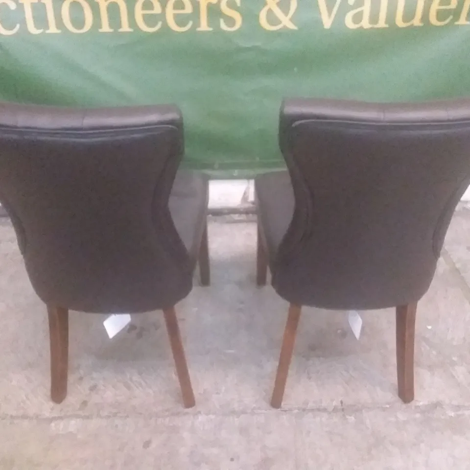 SET OF 2 BEWLEY CLUB BROWN LEATHER BUTTON BACK DINING CHAIRS (DARK OAK LEG)