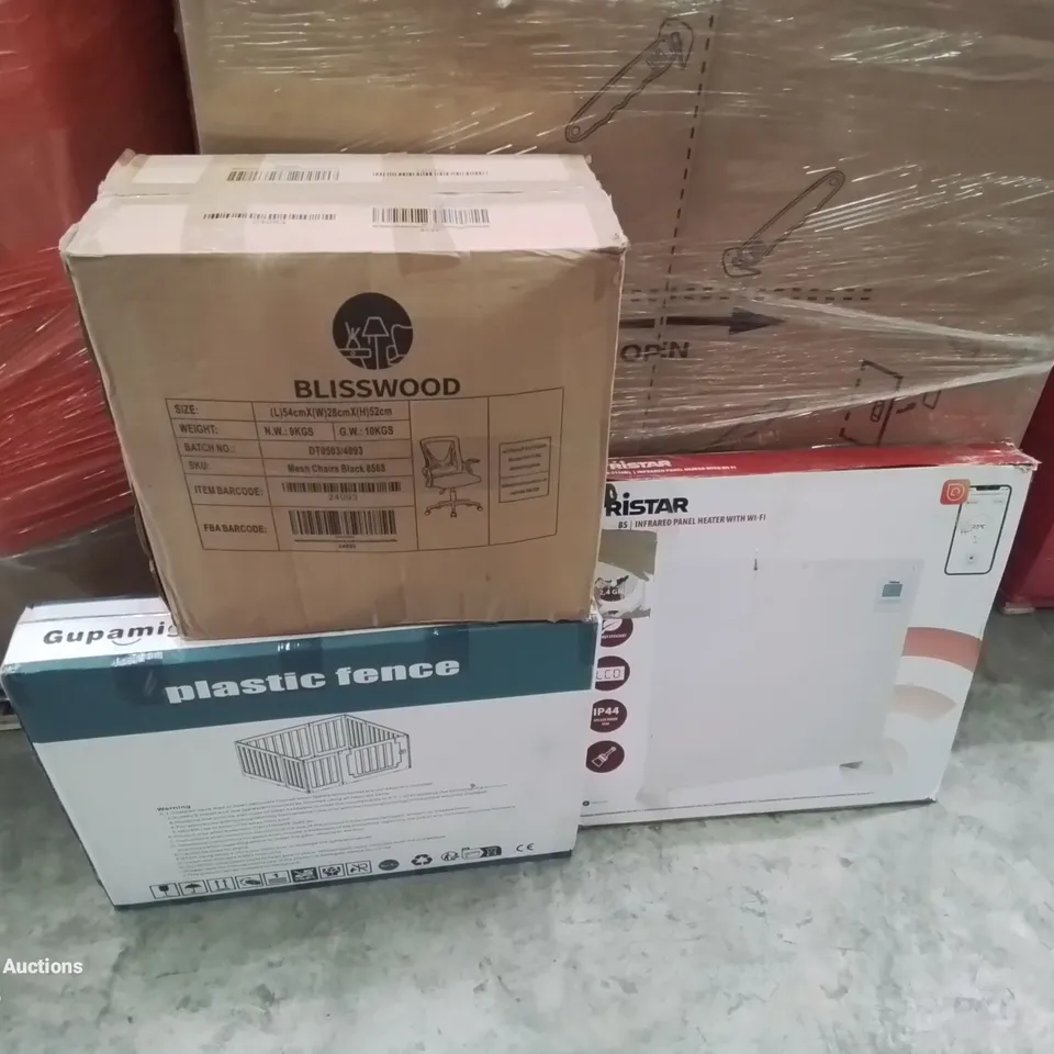 PALLET CONTAINING VARIOUS ASSORTED BOXED HOUSEHOLD ITEMS TO INCLUDE: PANEL HEATER,  OFFICE CHAIRS, PLASTIC FENCING AND LOTS MORE UNMARKED BOXED ITEMS 