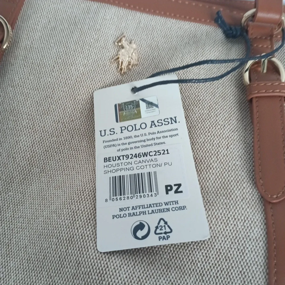 U.S. POLO ASSN. TOTE BAG – CANVAS & LEATHER TRIM, BEIGE/BROWN 