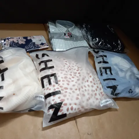 BOX OF APPROXIMATELY 25 ASSORTED CLOTHING ITEMS TO INCLUDE A CHEQUARED SHIRT,  A SHEIN DRESS AND A BLACK HOODIE