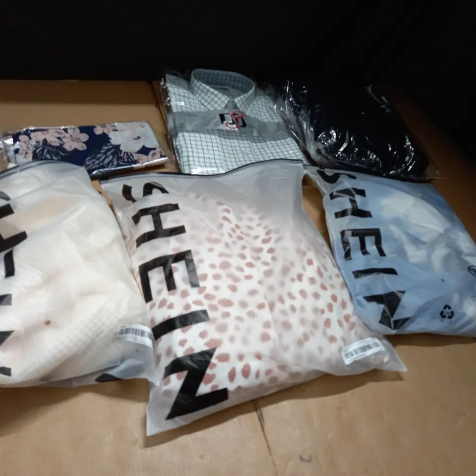 BOX OF APPROXIMATELY 25 ASSORTED CLOTHING ITEMS TO INCLUDE A CHEQUARED SHIRT, A SHEIN DRESS AND A BLACK HOODIE