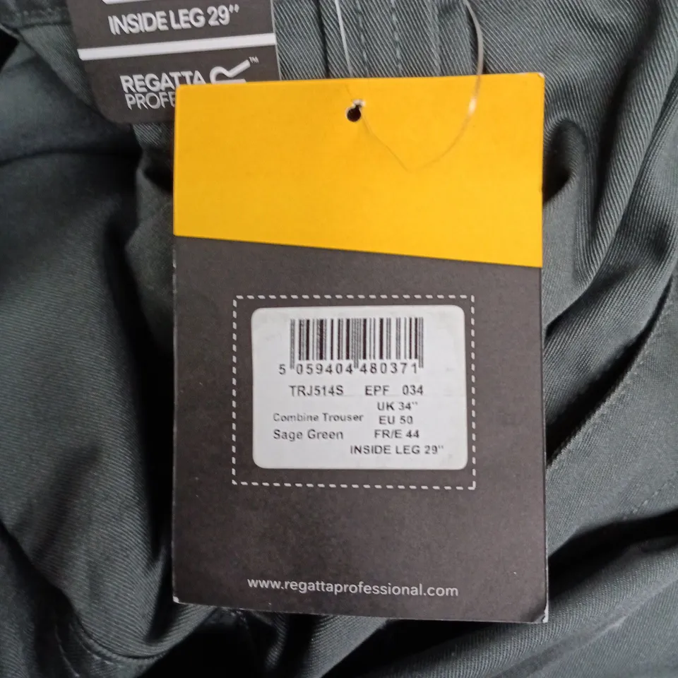 REGATTA PROFESSIONAL COMBINE TROUSER – SAGE GREEN, UK 34 (EU 50, FR/E 44), INSEAM 29 INCHES