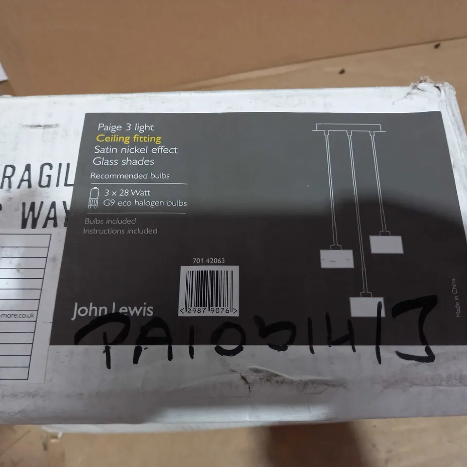 JOHN LEWIS PAIGE 3 LIGHT CEILING FITTING - SATIN NICKEL EFFECT, GLASS SHADES