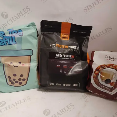BOX OF APPROX 5 ITEMS TO INCLUDE BUBBLE TEA REFILL, THE PROTEIN WORKS WHEY PROTEIN, DOLCE VITA CAPPUNCINO PODS