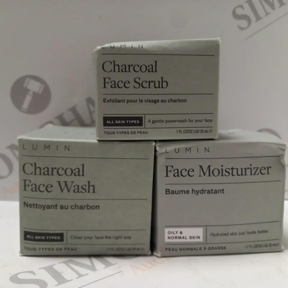 BOX OF 3 ASSORTED LUMIN PRODUCTS TO INCLUDE CHACOAL FACE SCRUB, CHARCOAL FACE WASH, FACE MOISTURIZER