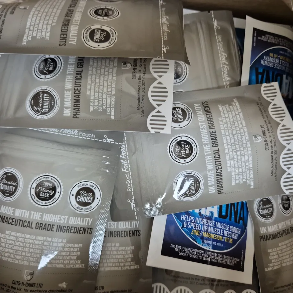 BOX OF APPROXIMATELY 18 PACKS OF CUTS-N-GAINS TABLETS - ZMA DNA (60 TABLETS PER PACK)