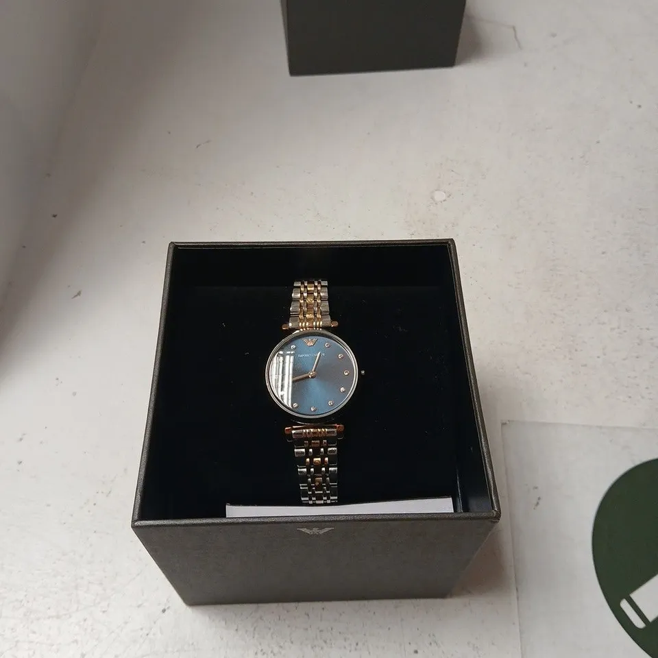 EMPORIO ARMANI WATCH - BLUE DIAL, DIAMOND MARKERS, TWO-TONE BRACELET