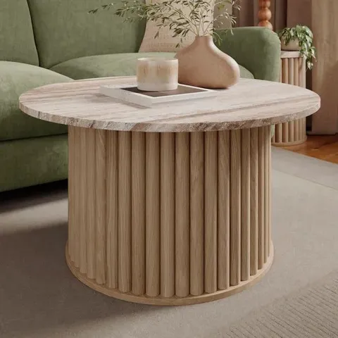 BOXED LUCIN TRAVERTINE ROUND COFFEE TABLE - MODERN OAK (1 BOX