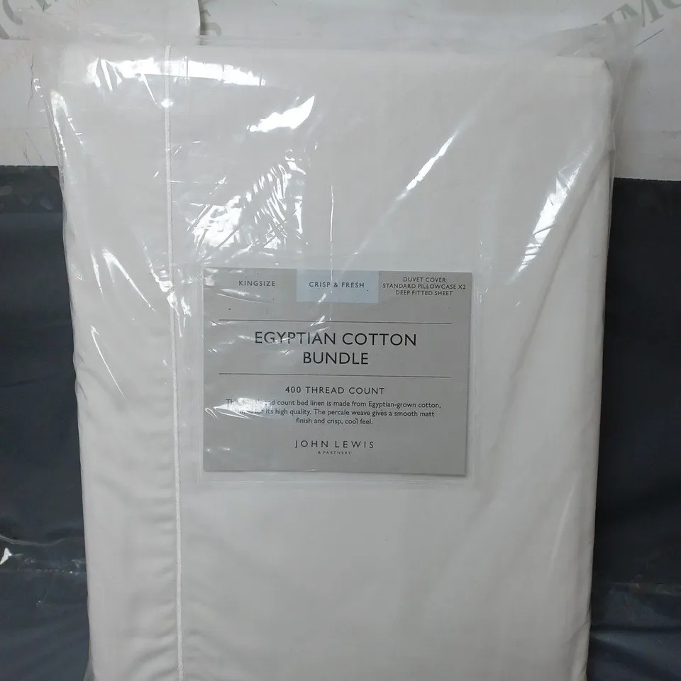 JOHN LEWIS EYPTIAN COTTON BUNDLE TO INCLUDE KINGSIZE DUVET COVER, PILLOW CASES AND SHEET WHITE