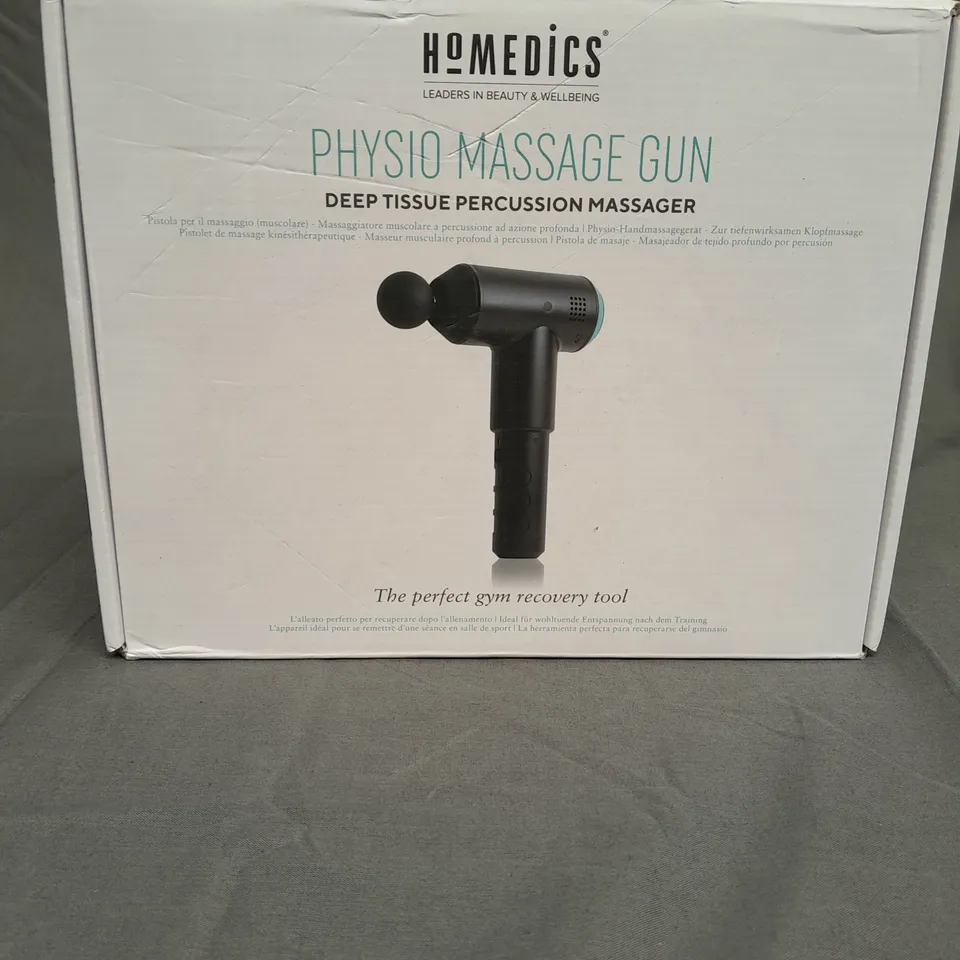 BOXED HOMEDICS PHYSIO MASSAGE GUN DEEP TISSUE PERCUSSION MASSAGER