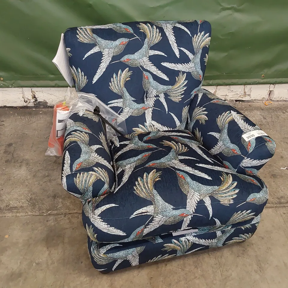 QUALITY BRITISH DESIGNER LOUNGE Co JOSHUA CHAIR PARADISE BIRD NAVY FABRIC 