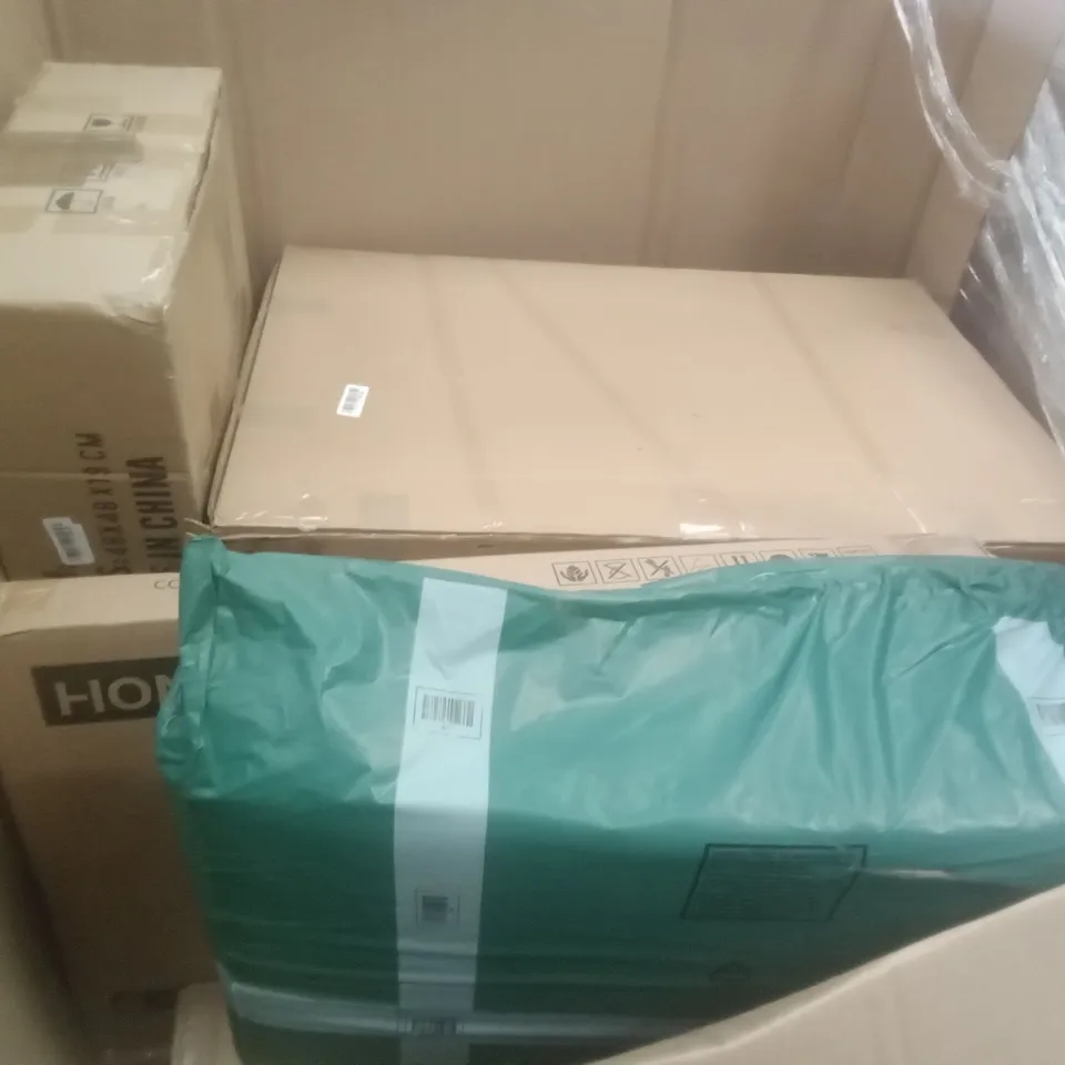 PALLET OF ASSORTED ITEMS INCLUDING SONGMICS CLOTHES RAIL WITH WHEELS, FLORY BIDET, BATHROOM MIRROR, PLANT POT FENCE, HOMIDEC DESK, FOLDING WAGON CART 