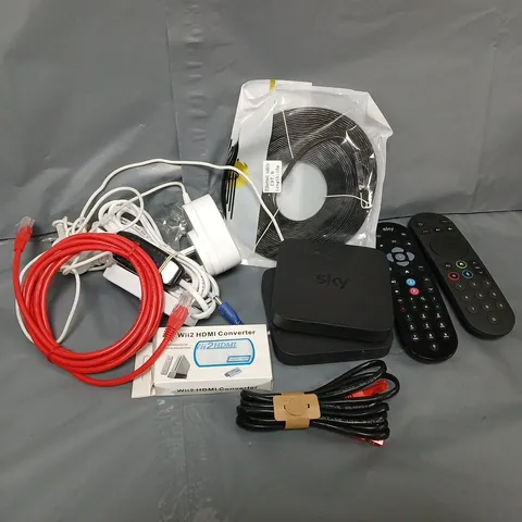 APPROXIMATELY 12 ASSORTED HOUSEHOLD ITEMS TO INCLUDE CABLES, REMOTES, SKY BOXES, ETC
