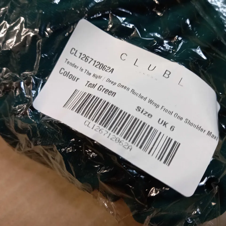 PACKAGED CLUB L TEAL GREEN RUCHED WRAP FRONT ONE SHOULDER MAXI DRESS - SIZE 6