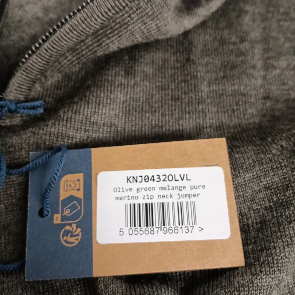 CHARLES TYRWHITT MERINO ZIP NECK JUMPER – OLIVE GREEN MELANGE (MERINO EXTRA FINE) - SIZE L