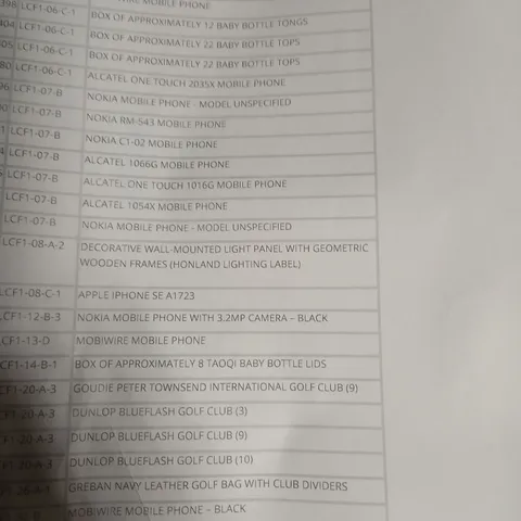 APPROXIMATELY 20 ASSORTED PRODUCTS TO INCLUDE; NOKIA MOBILE PHONE, GREBAN GOLF BAG, DUNLOP GOLF CLUB, ALCATEL PHONE AND BABY BOTTLE TONGUES