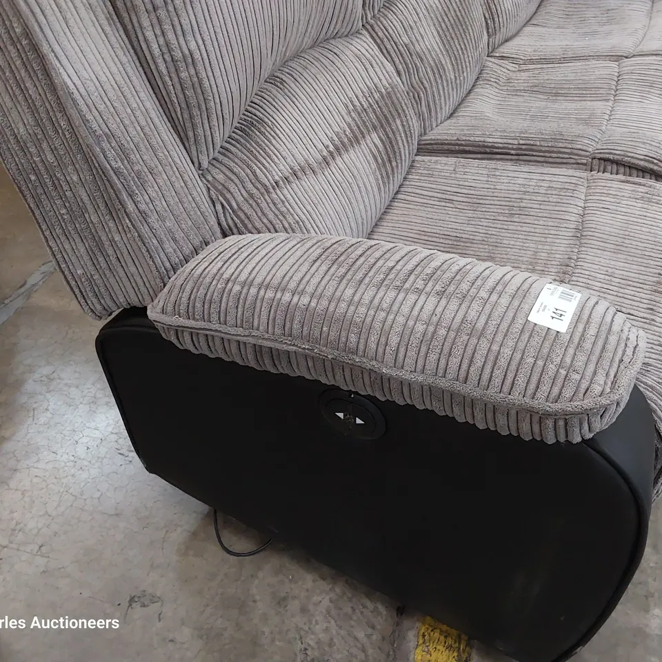 DESIGNER POWER RECLINING THREE SEATER SOFA GREY JUMBO CHORD % BLACK FAUX LEATHER