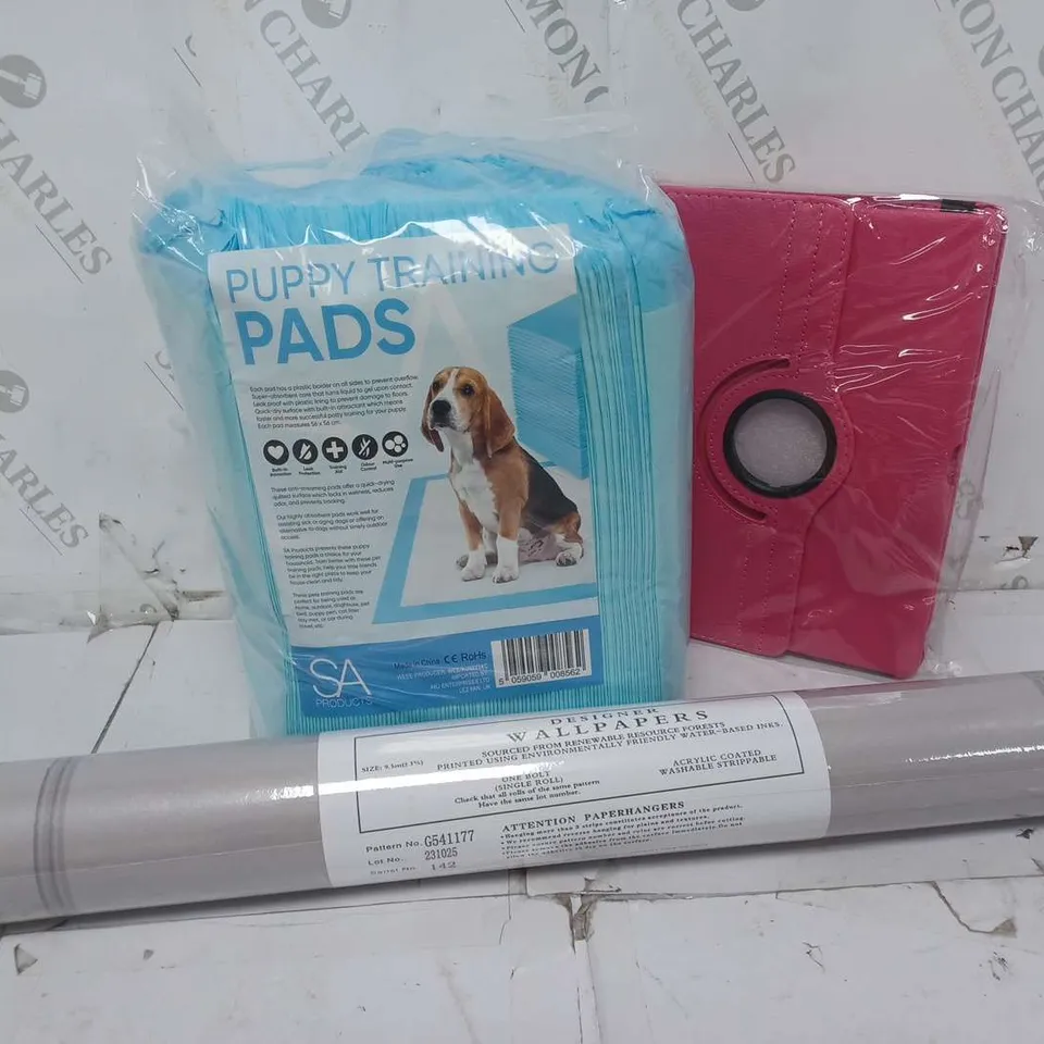 APPROXIMATELY 15 ASSORTED HOUSEHOLD ITEMS TO INCLUDE DESIGNER WALLPAPER, PUPPY TRAINING PADS, TABLET CASE, ETC