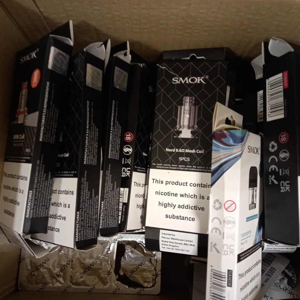 APPROXIMATELY 25 ASSORTED BOXED SMOK VAPING PRODUCTS TO INCLUDE RPM COIL, TFC9 COIL, NOVO 2 POD ETC.