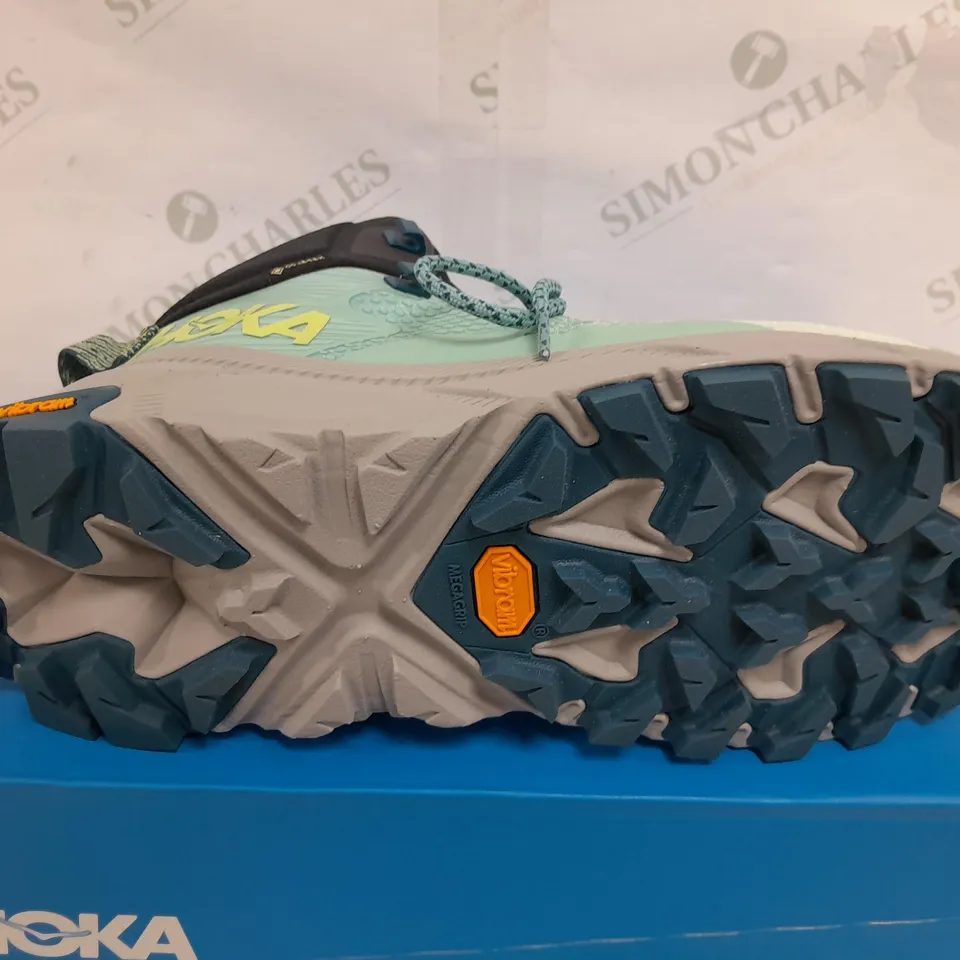 BOXED PAIR OF HOKA WOMENS TRAIL CODE GORE-TEX BOOTS IN LIGHT BLUE/GREEN/GREY - UK 9.5