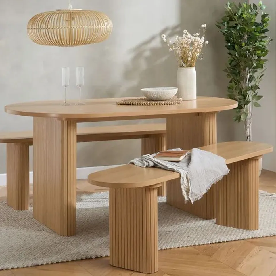 BOXED AXEL FLUTED OVAL DINING TABLE WITH 2 BENCHES - OAK EFFECT (4 BOXES) RRP £529