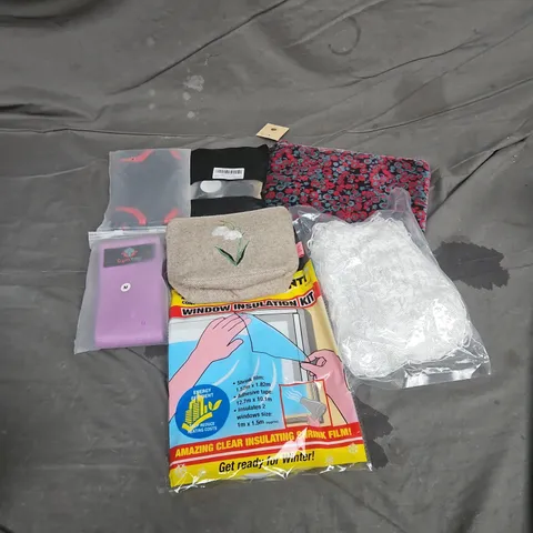 APPROXIMATELY 12 ASSORTED HOUSEHOLD ITEMS TO INCLUDE WINDOW INSULATION KIT, PLANT TRELLIS NET, MAKEUP BAGS, ETC