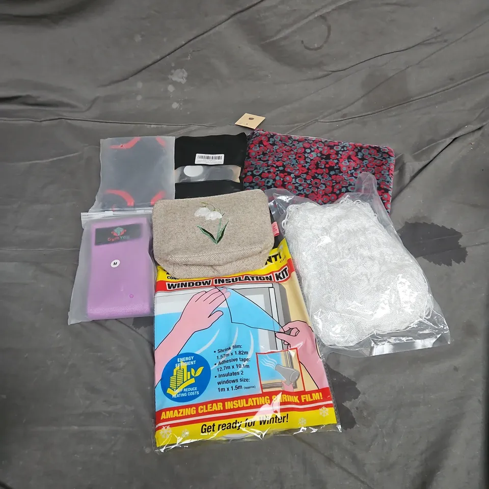 APPROXIMATELY 12 ASSORTED HOUSEHOLD ITEMS TO INCLUDE WINDOW INSULATION KIT, PLANT TRELLIS NET, MAKEUP BAGS, ETC