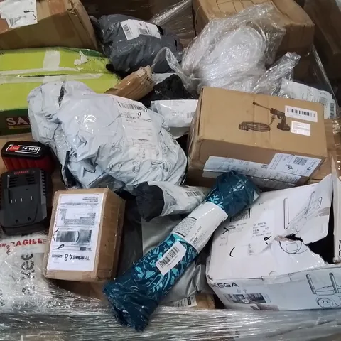 PALLET CONTAINING VARIOUS ASSORTED ITEMS TO INCLUDE, EXPANDABLE HOSES, JUICER, HANDHELD PRESSURE WASHER, AND LOTS MORE UNMARKED BOXED ITEMS 