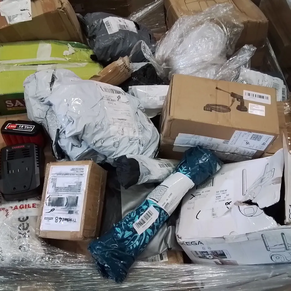 PALLET CONTAINING VARIOUS ASSORTED ITEMS TO INCLUDE, EXPANDABLE HOSES, JUICER, HANDHELD PRESSURE WASHER, AND LOTS MORE UNMARKED BOXED ITEMS 