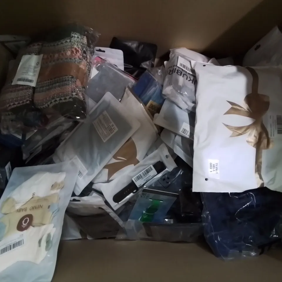 BOX CONTAINING LARGE AMOUNT OF MIXED FASHION ITEMS, SILVER PLATE AND COSTUME JEWELLERY, CLOTHING ITEMS ETC.