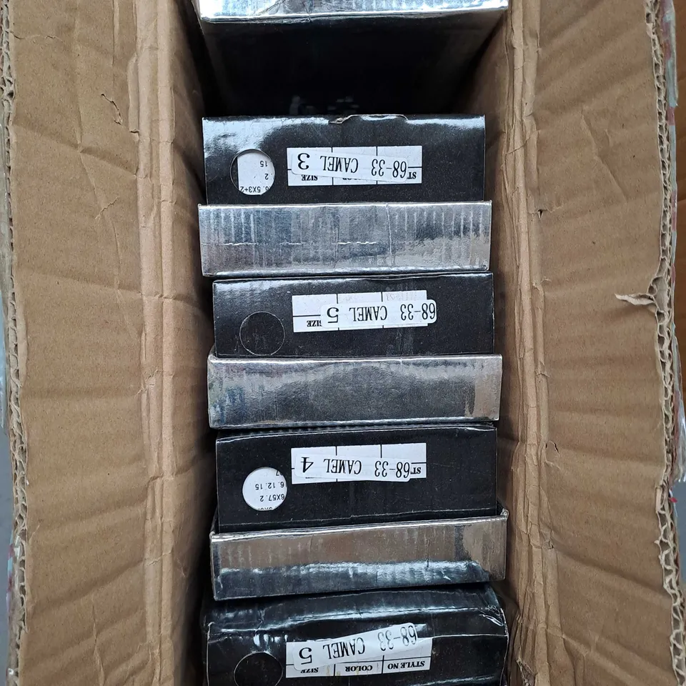 BOX OF APPROXIMATELY 8 PAIRS OF KELSI EMBELLISHED SANDALS IN CAMEL - VARIOUS SIZES 