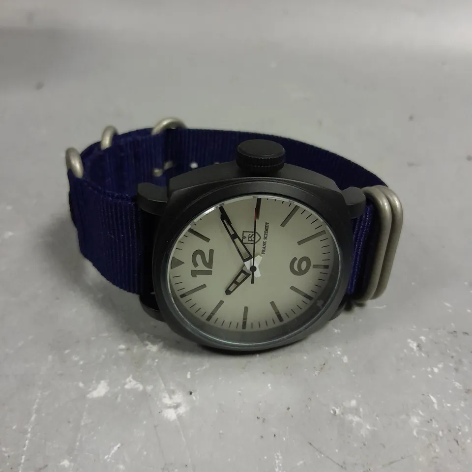 MENS FRANK SCHMIDT WATCH – LARGE BLACK CASE – WHITE PILOT DIAL – BLUE FABRIC STRAP