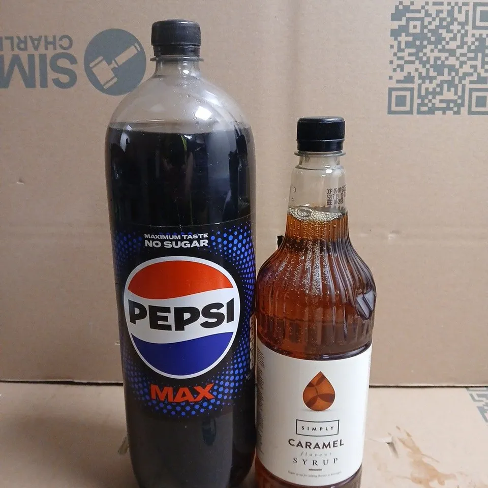 APPROXIMATELY 3 ASSORTED DRINK ITEMS TO INCLUDE PEPSI MAX AND CARAMEL SYRUP 