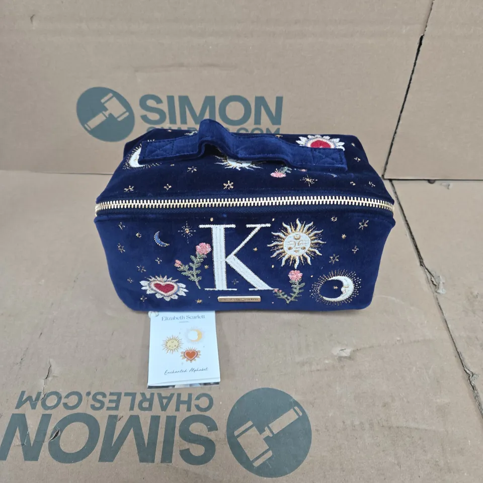 ELIZABETH SCARLETT NAVY VELVET OPEN FLAT MAKEUP ENCHANTED ALPHABET K BAG