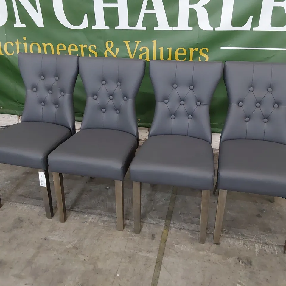 SET OF FOUR UPHOLSTERED BUTTONED BACK DINING CHAIRS GREY PU ON SILVERED WOOD LEGS 