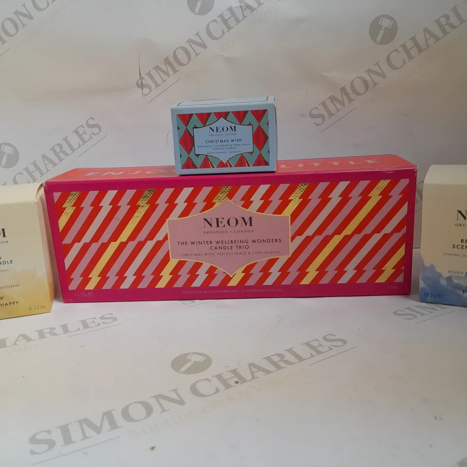FOUR NEOM SCENTED CANDLES TO INCLUDE CHRISTMAS WISH, WINBTER WELLBEING WONDERS TRIO AND REAL LUXURY
