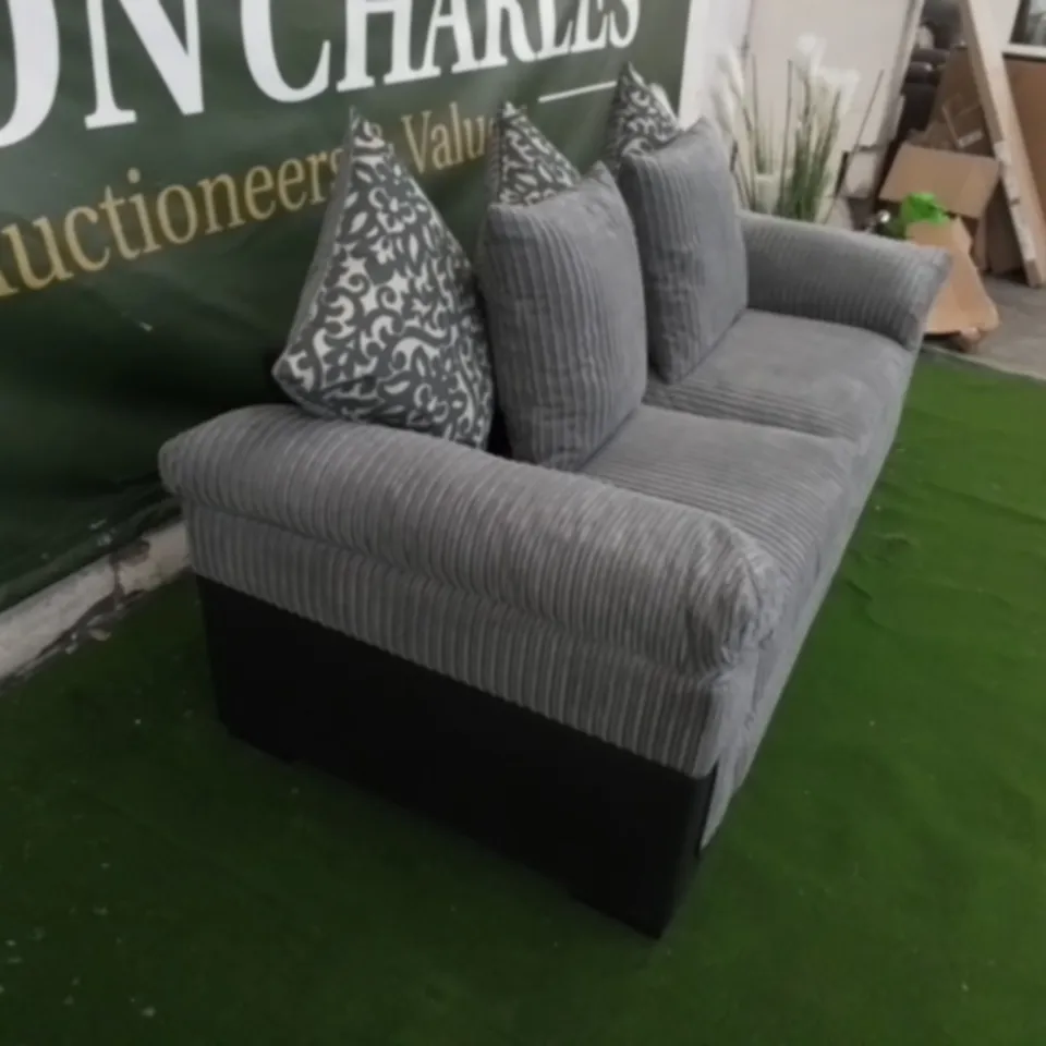 DESIGNER PHOENIX GREY CORDED FABRIC AND BLACK SUEDE EFFECT THREE SEATER SOFA WITH SCATTER CUSHIONS