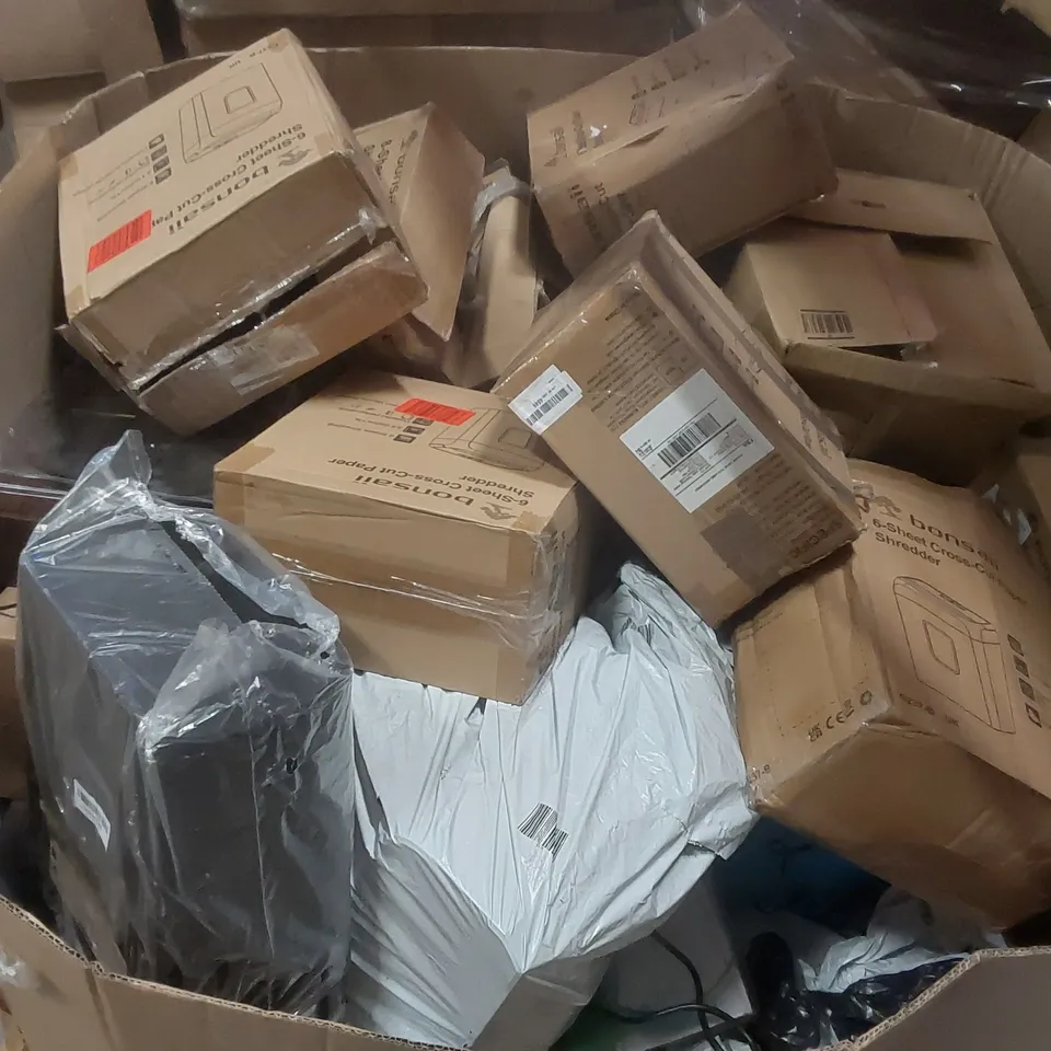 PALLET CONTAINING A LARGE QUANTITY OF ASSORTED ITEMS INCLUDING: BONSAII PAPER SHREDDERS, TURNTABLE ECT