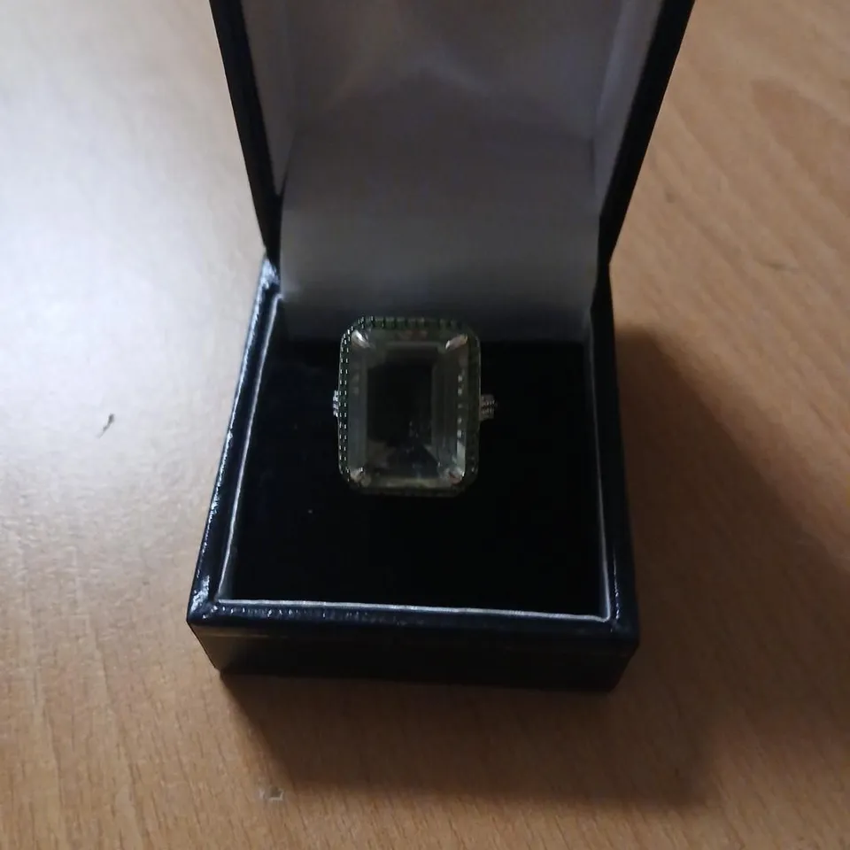 10.5CT GREEN AMETHYST 0.2CT TSAVORITE & 0.07CT DIAMOND RING 9CT GOLD