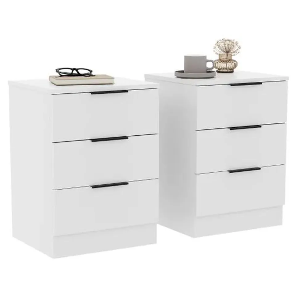 BOXED DESIGNS TREGA 3 DRAWER BEDSIDE CHEST SET OF 2, WHITE