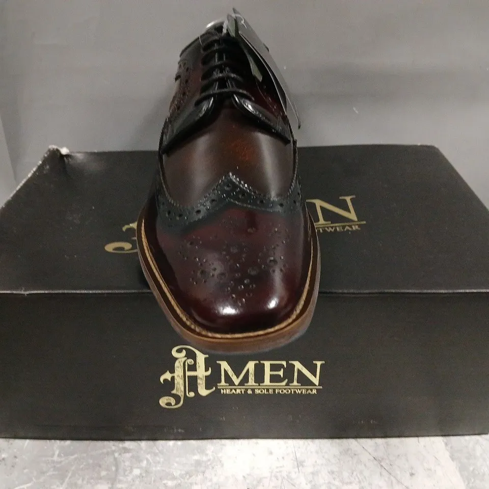 BOXED PAIR OF AMEN LEATHER BRUSHED HI-SHINE BROGUE SHOES IN OXBLOOD SIZE UK 9